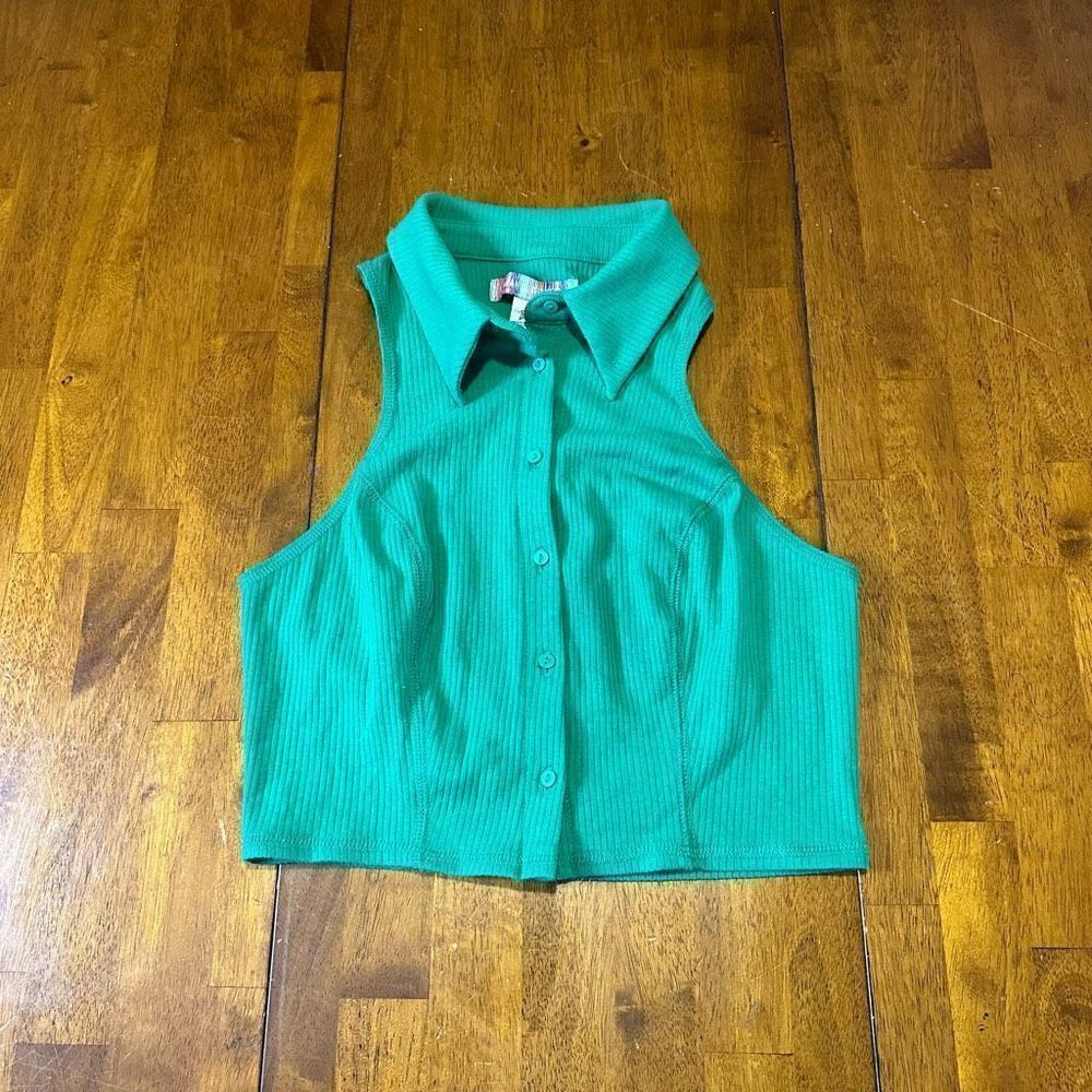 Urban Outfitters Womens Collared Racer Back button up Tank Top Kelly Green Sz S